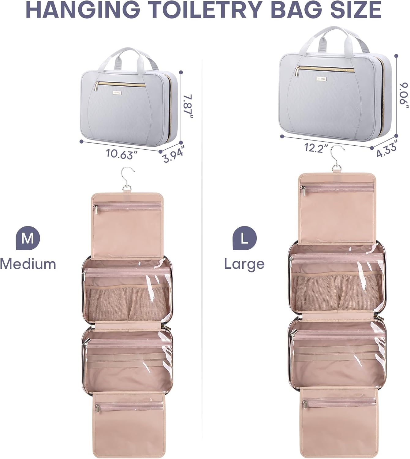 Hanging Toiletry Bag for Women Travel, 2 Sizes Large & Small Waterproof Cosmetic Organizer with 4 Compartments, Rotating Hook, Foldable Pink Travel Bag for Toiletries & Makeup - Large Grey