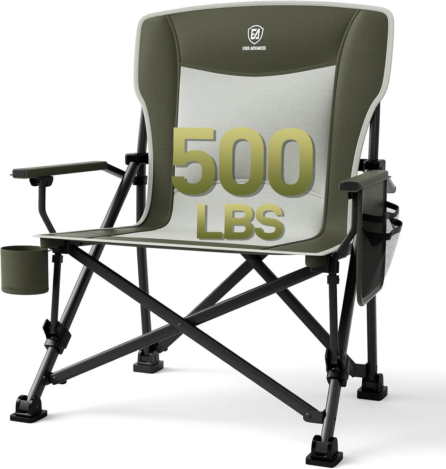 EVER ADVANCED Oversized Folding Camping Chair, for Adults Heavy Duty Lawn Chair with Side Pockets, Portable Collapsible Quad Chair for Outside, Support Up to 500lbs, Green