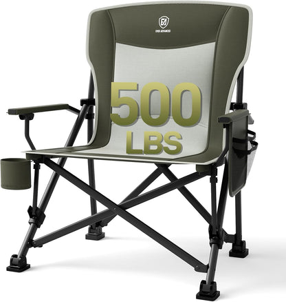 EVER ADVANCED Oversized Folding Camping Chair, for Adults Heavy Duty Lawn Chair with Side Pockets, Portable Collapsible Quad Chair for Outside, Support Up to 500lbs, Green