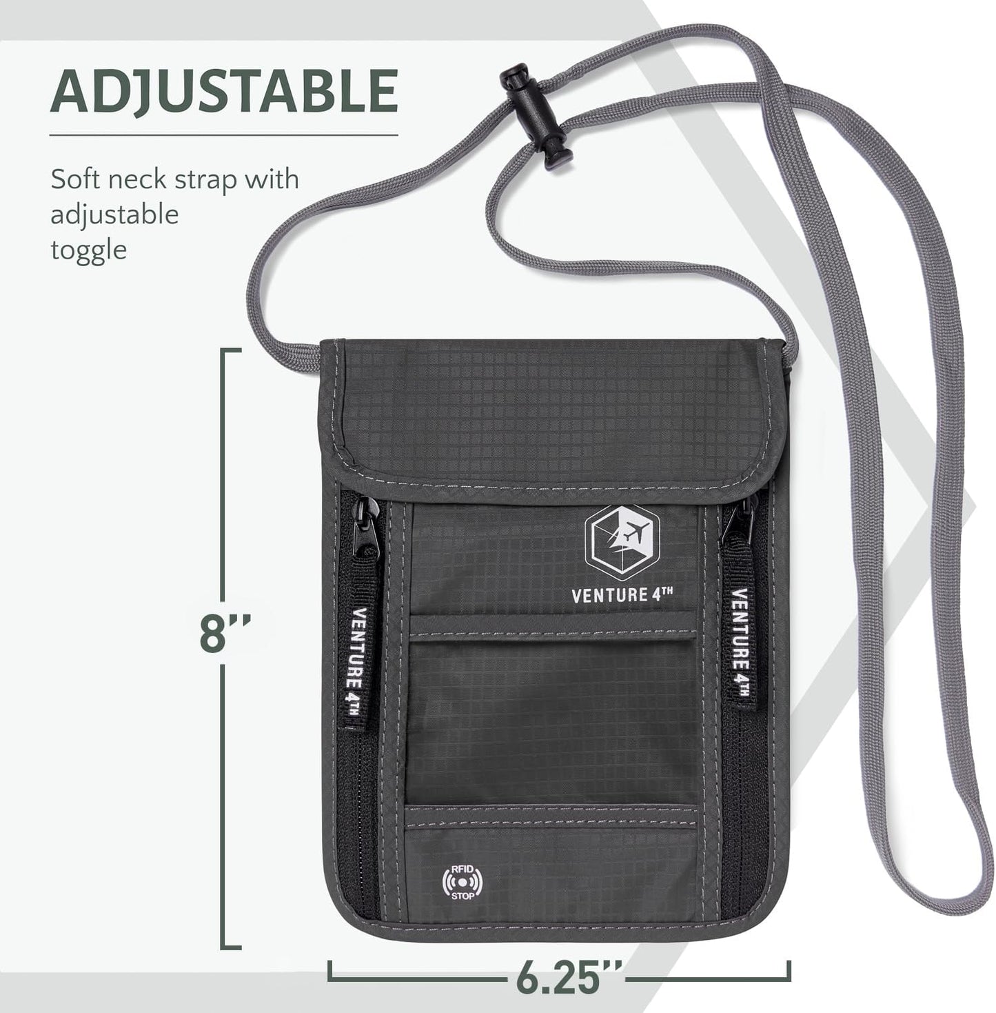 VENTURE 4TH Passport Holder Neck Wallet with RFID Blocking Nylon Lining - Hidden Neck Pouch for Travel (Gray)