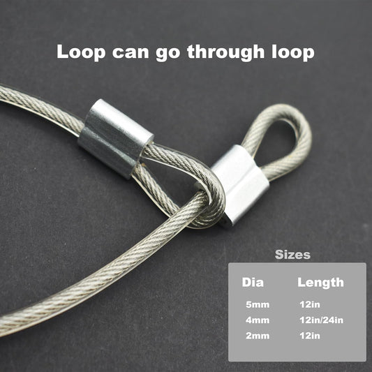 5 Pcs 4mm Wire 24 inch Vinyl Coated Stainless Steel Cable with Loops Short Wire Rope Lanyard Lock Security Chain Link for Outdoor Gates, Clear(4mm x 24inch)