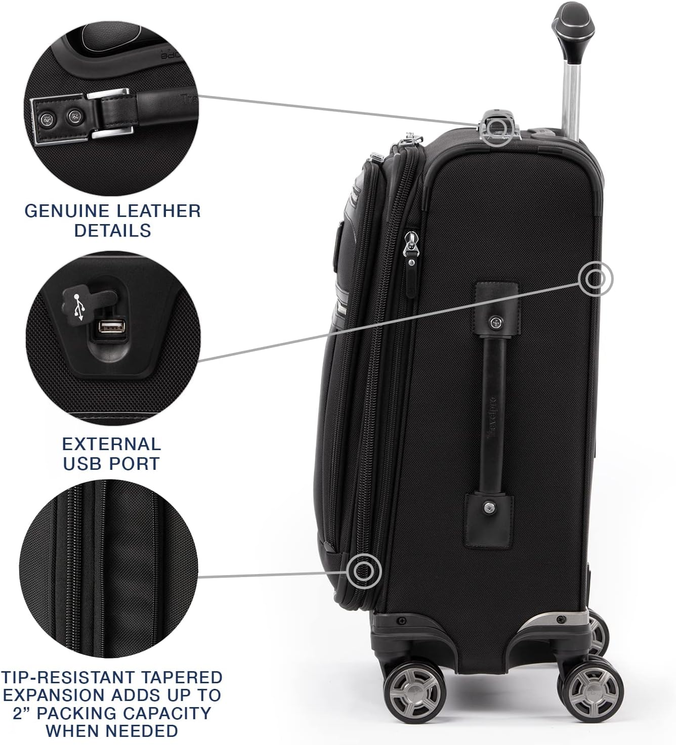 Travelpro Platinum Elite Softside Expandable Carry on Luggage, 8 Wheel Spinner Suitcase, USB Port, Laptop and Tablet Sleeves, Men and Women, Shadow Black, Carry On 20-Inch