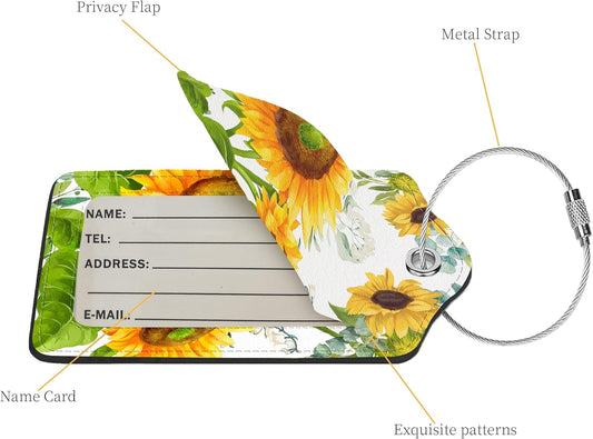 2 Pcs Luggage Tags for Suitcases, PU Leather Cruise Ship Luggage Tags with Privacy Cover Label Address Card and Durable Metal Ring Suitable for Men Women Children Handbags Backpacks,Sunflower