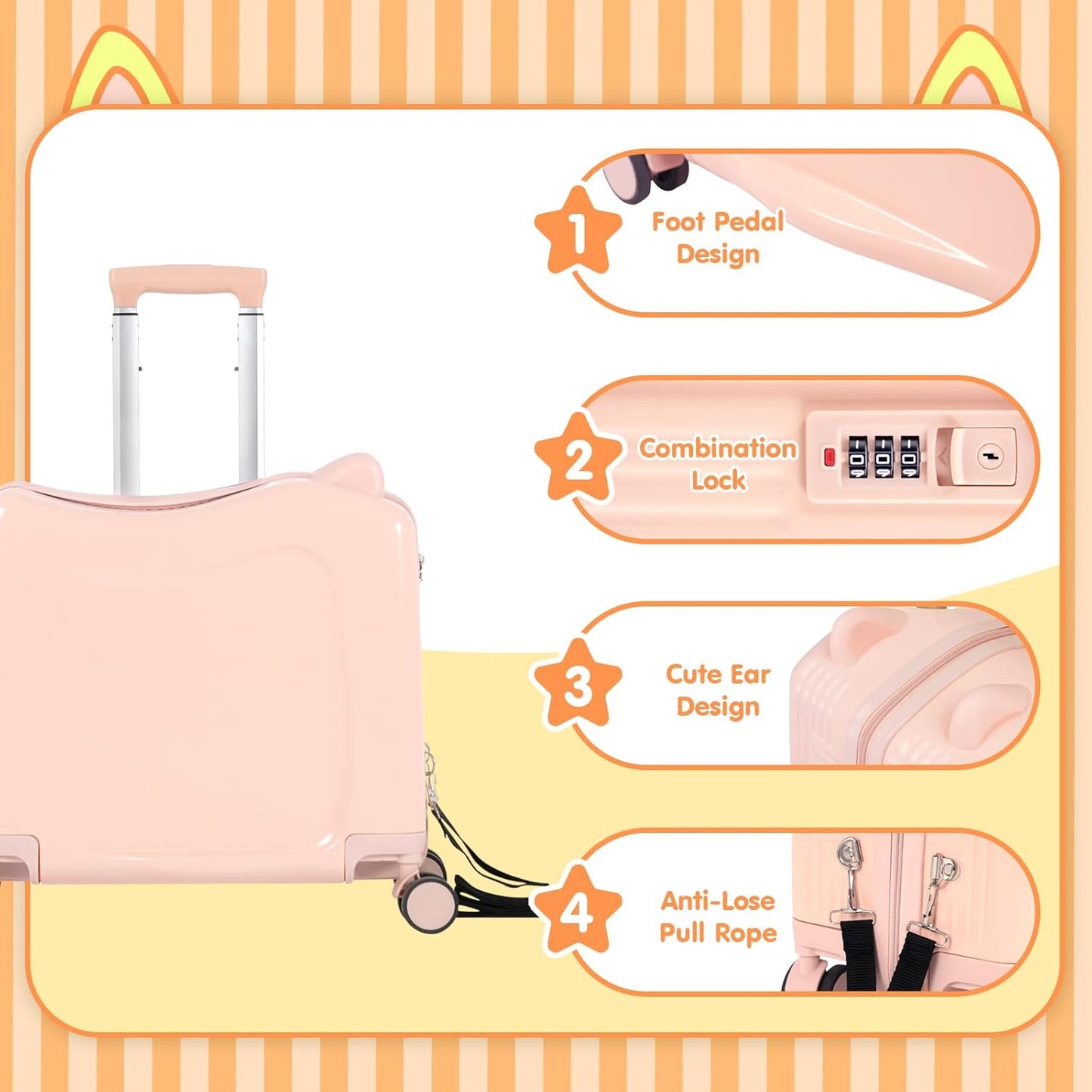 20" Ride-On Travel Suitcase for Kids, Cute Ear Toddler Carry on Luggage with Spinner Wheels & Anti-Lose Rope, Children Rolling Trolly Luggage with Password Lock (Pink with Rope)