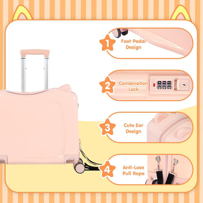 20" Ride-On Travel Suitcase for Kids, Cute Ear Toddler Carry on Luggage with Spinner Wheels & Anti-Lose Rope, Children Rolling Trolly Luggage with Password Lock (Pink with Rope)