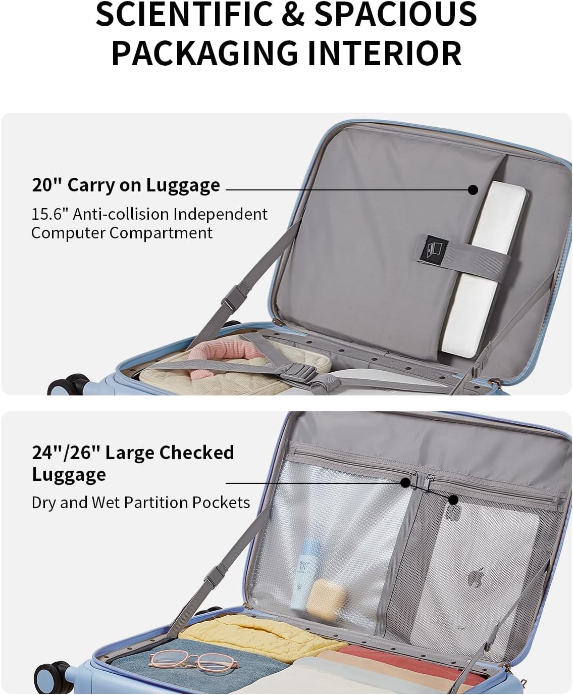 aji Expandable Top Open 24 Inch Checked Luggage with Spinner Wheels, Large Suitcase with TSA Lock, Hardside Travel Luggage Suitcases for Men Women, for 14+Days Travel, Blueberry Blue