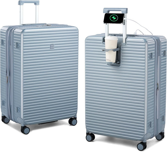 Large Checked Luggage 28 Inch Hard Shell Suitcases, Expandable Travel Luggage Lightweight Check In Luggage with Spinner Wheels Cup Holder Charger Built in, Silver