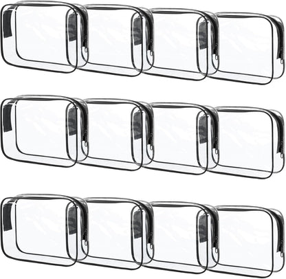 12 Pcs Clear Makeup Bag PVC Waterproof Zippered Clear Cosmetic Toiletry Makeup Carry Pouch for Women Men Vinyl Plastic Organizer Case for Vacation Bathroom (Small, Black)