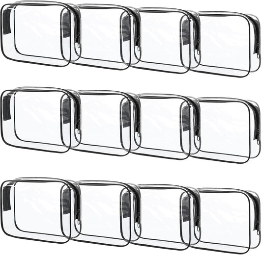 12 Pcs Clear Makeup Bag PVC Waterproof Zippered Clear Cosmetic Toiletry Makeup Carry Pouch for Women Men Vinyl Plastic Organizer Case for Vacation Bathroom (Small, Black)