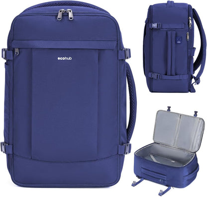ECOHUB Travel Backpack for Men Women, Carry on Backpack with USB Charging Hole, Spirit Airlines Personal Item Bag Flight Approved, 15.6 Inch Laptop Backpack with Anti Theft Pockets, 30L, Navy Blue