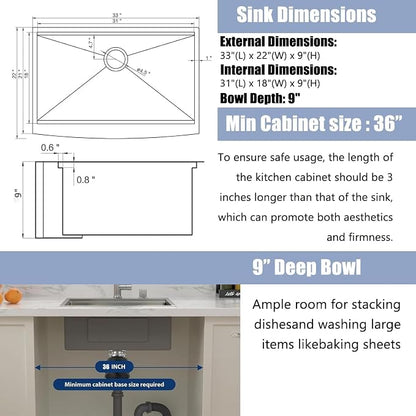 Farmhouse Sink 33 Inch, 33x22 Inch Apron Front Farmhouse Kitchen Sink, 16 Gauge - Image 3