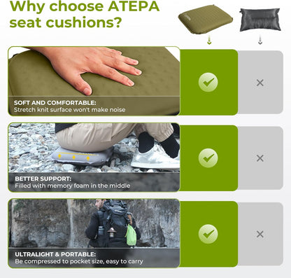 ATEPA Inflatable Stadium Seat Cushion, Self-Inflating Memory Foam Stadium Seats Bleacher Seat Chair Cushion Pad for Airplane Travel Backpacking Sports Events