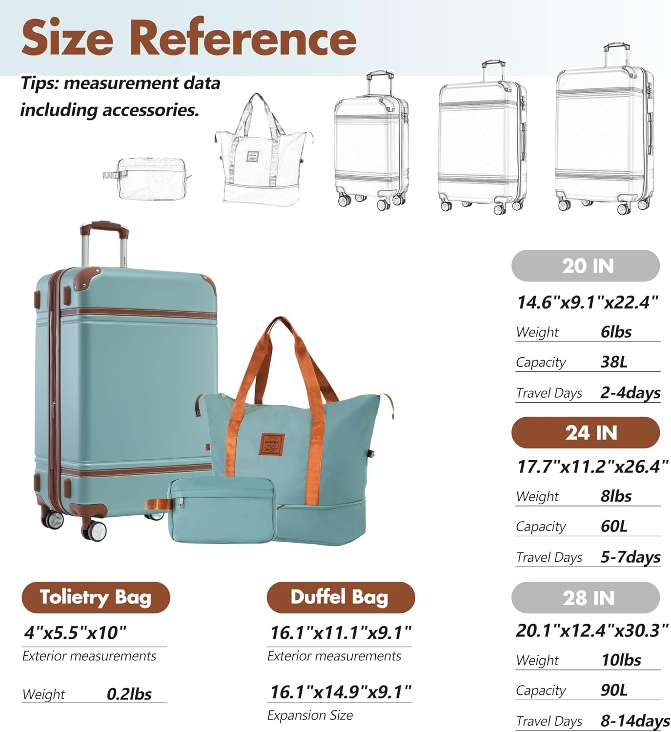 Merax Suitcase Set 24 inches Expandable Luggage with TSA Lock Spinner Wheels Hardshell Lightweight Vintage Luggage with Travel Bag,Green