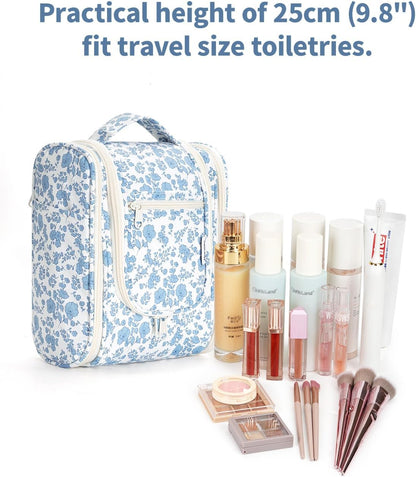 Narwey Hanging Toiletry Bag Women Travel Makeup Bag Organizer Toiletries Bag for Travel Size Essentials Accessories Cosmetics (Medium,Little Blue Flower)