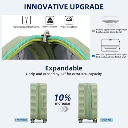 Hard Shell Suitcases Expandable Travel Luggage Sets 2 Piece, Carry on and Check in Luggage Lightweight Suitcase Set 2 Piece with Wheels Cup Holder Charger Built in (Bamboo Green, 20/28)