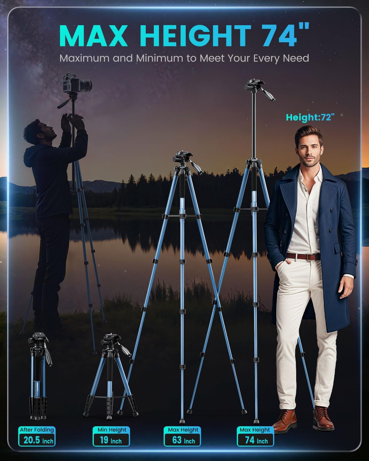 74"-Camera-Tripod, Navy Blue Professional Aluminum Heavy Duty Tripod Stand for Mirrorless Camera/DSLR/Cell Phone/Camcorder, with Holder and Travel Bag