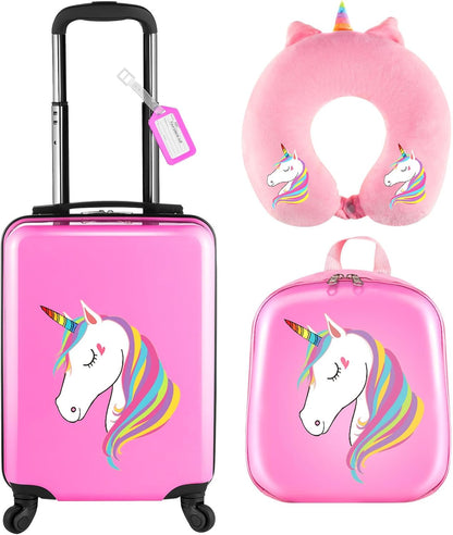 Sanwuta 4 Pcs Kids Luggage Set Kids Backpack Travel Rolling Suitcase with Wheels U-shape Pillow Childrens Gift for Girls Boys(17 Inch,Unicorn Style,Pink)