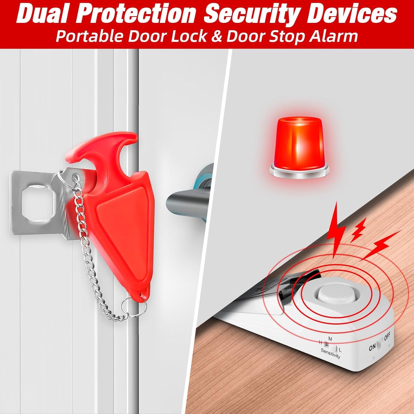 Portable Door Stop Alarm and Traveling Hotel Door Lock, No Installation Required, Provides Double Security for Home, Hotel and Traveling (2 Door Lock + 2 Door Stop)