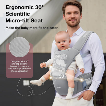 Baby Carrier, 6-in-1 Ergonomic Baby Carrier Newborn to Toddler, Safety-Certified Infant Toddler Carrier with Hip Seat, Detachable Baby Hip Carrier to Hands-Free Perfect for Shopping & Walking
