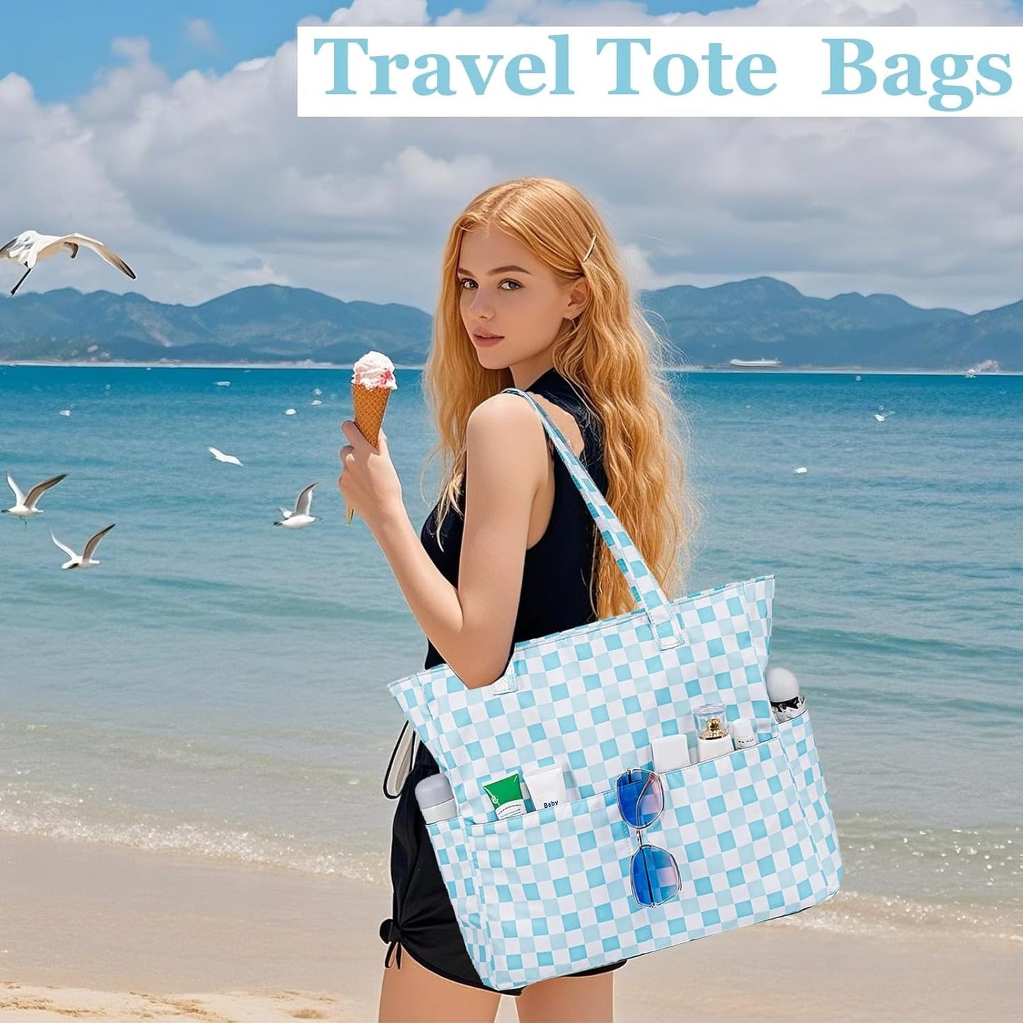 LEDAOU Large Beach Tote Bag Women Waterproof Sandproof Zipper Beach Tote Bag for Pool Gym Grocery Travel with Wet Pocket