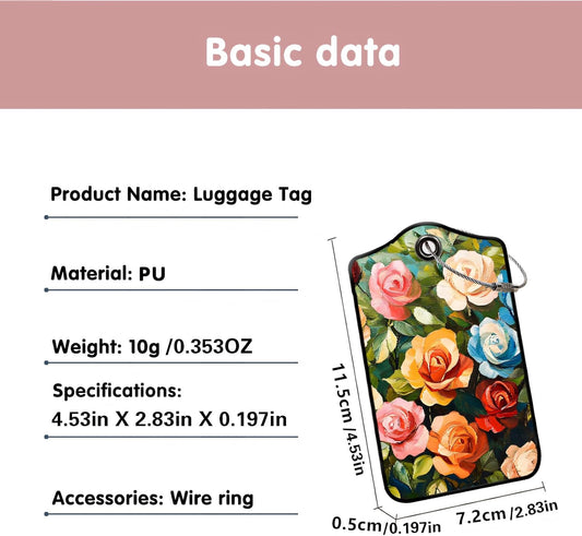 Luggage Tags for Suitcases, 2-Pack PU Leather for Cruise & Travel, Baggage ID Tags with Privacy Cover & Address Card, Durable Metal Ring, Kids Adults Travel Accessories, Painterly Roses