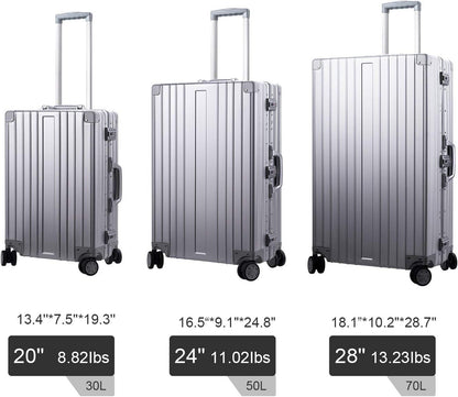 TRAVELKING All Aluminum Luggage Zipperless Hard Shell Luggage Case with TSA Lock Spinner Alloy Metal Suitcase (Silver, 28")