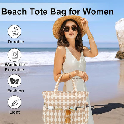 LEDAOU Large Beach Tote Bag Women Waterproof Sandproof Zipper Beach Tote Bag for Pool Gym Grocery Travel with Wet Pocket
