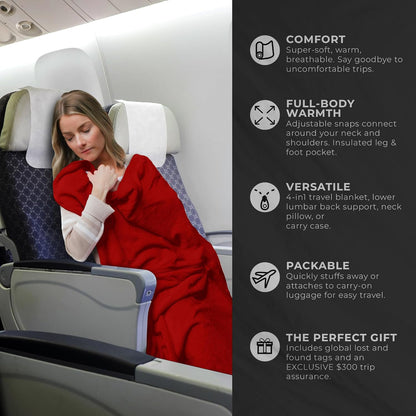 Lightweight Travel Blanket - Premium & Compact Airplane Wearable Blanket with Neck Snaps, Cozy Foot Pockets, Zipper Pouch - Converts into Soft Pillow - Designed for Ultimate Comfort - Scarlet