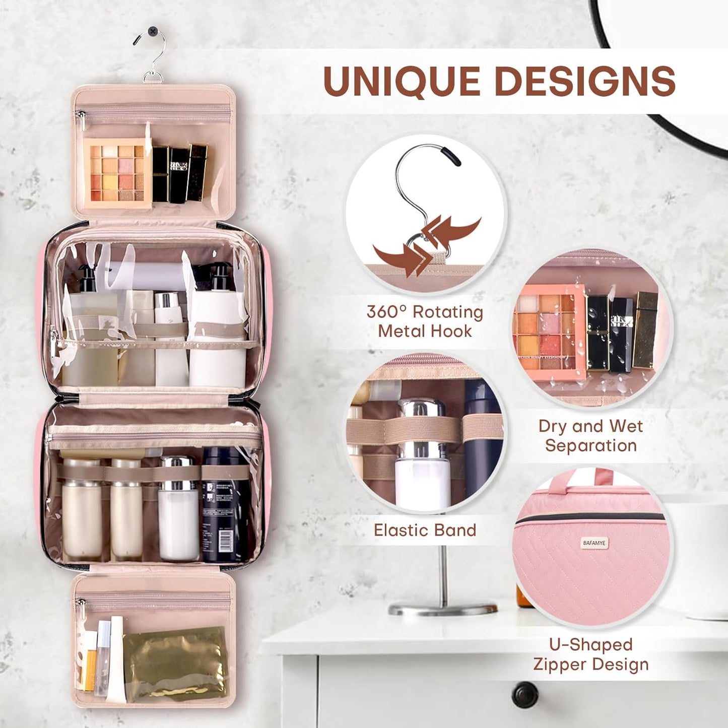 8L Travel Toiletry Bag with Jewelry Organizer for Women - 2.1 GAL Water-resistant Makeup Cosmetic Bag With Hanging Hook for Accessories Shampoo Full-size Container, Pink