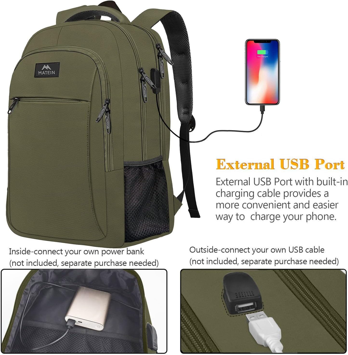 MATEIN 15.6 Inch Travel Laptop Backpack, Sturdy Computer Backpack for Women Men with USB Charging Port, Lightweight Fashion Water Resistant Traveling Backpack Casual Daypack for College Offic, Green