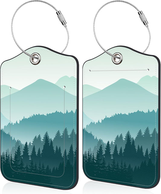 2 Pack Luggage Tag for Suitcase Green Mountain Landscape Leather Travel Cruise Luggage Tag with Stainless Steel Loop Name ID Label Privacy Cover for Adults Teens Travel Bag Labels Set