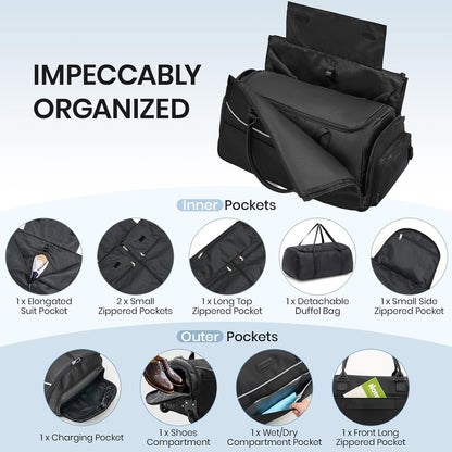 Fanwoli 3-in-1 Rolling Garment Bag for Travel, Wheeled Carry-On Luggage with Shoe Storage & Detachable Organizer, Wrinkle-Free Compartment for Suits/Dresses/Wedding Gowns, Fits Most Airline Size