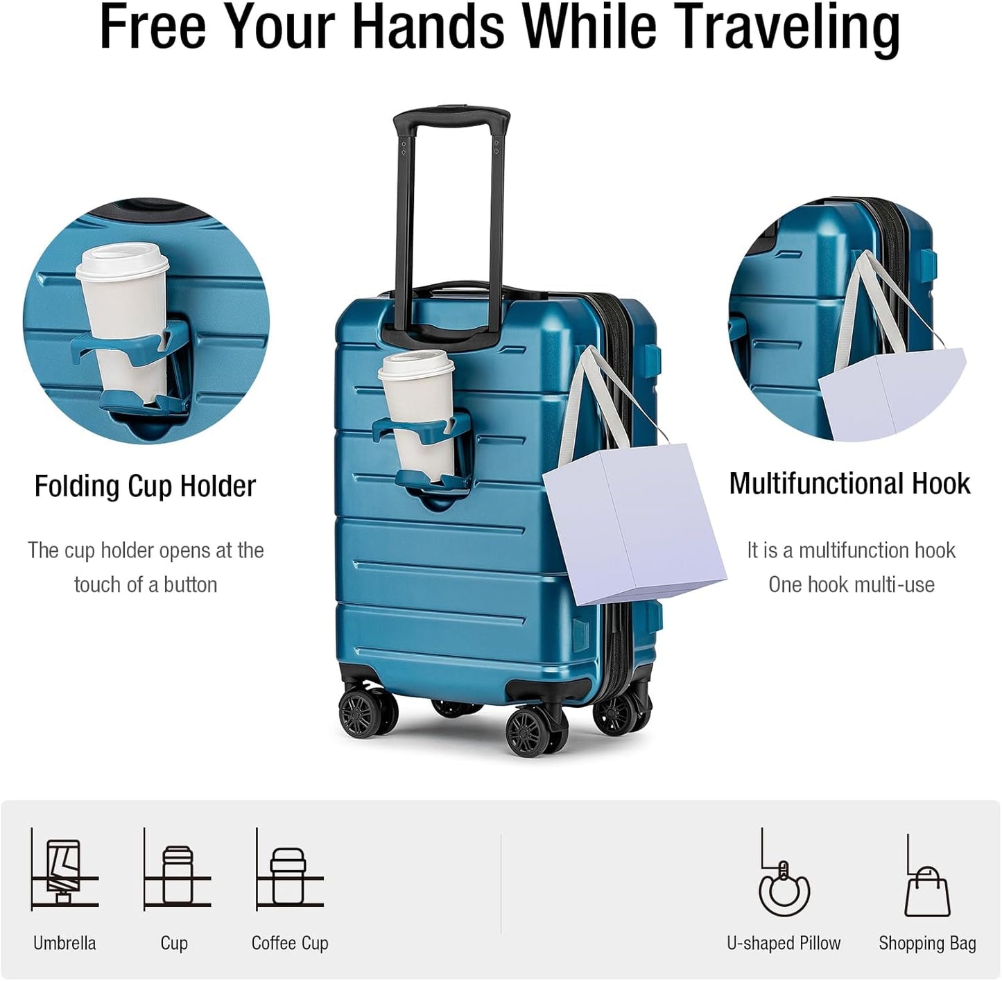 KYME Hardside Expandable Carry On Luggage 22x14x9 Airline Approved 20 Inch Hardshell Carry On Suitcase with Wheels TSA Lock Small Travel Rolling Luggage with Cup Holder for Women Men Lt Blue