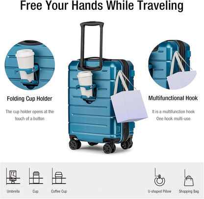 KYME Hardside Expandable Carry On Luggage 22x14x9 Airline Approved 20 Inch Hardshell Carry On Suitcase with Wheels TSA Lock Small Travel Rolling Luggage with Cup Holder for Women Men Lt Blue