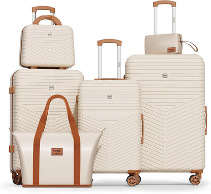 Hoteel 6 Piece Luggage Set (4-YEAR WARRANTY) with Spinner Wheels & TSA Lock, Carry on Luggage Hardshell ABS+PC, Travel Collection Suitcases Sets, Beige(13/20/24/28",Travel Bag,Cosmetic Bag)