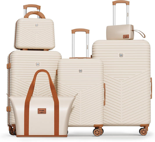 Hoteel 6 Piece Luggage Set (4-YEAR WARRANTY) with Spinner Wheels & TSA Lock, Carry on Luggage Hardshell ABS+PC, Travel Collection Suitcases Sets, Beige(13/20/24/28",Travel Bag,Cosmetic Bag)