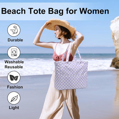 LEDAOU Large Beach Tote Bag Women Waterproof Sandproof Zipper Beach Tote Bag for Pool Gym Grocery Travel with Wet Pocket