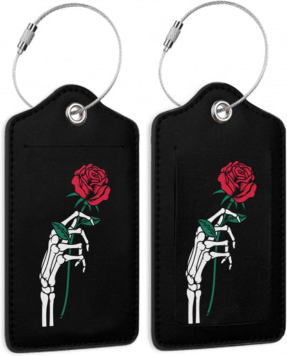 2 Pack Luggage Tag for Suitcase,Skeleton Hand Holding Rose Leather Bag Tags Identifiers Privacy Cover ID Label with Durable Steel Loop for Women Men Kids Girls Travel
