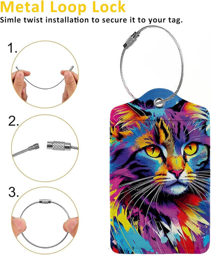 Colorful Cat 2 Pack Luggage Tag for Suitcase, Leather Bag Tags Identifiers Privacy Cover ID Label with Steel Loop for Women Men Kids Girls Travel