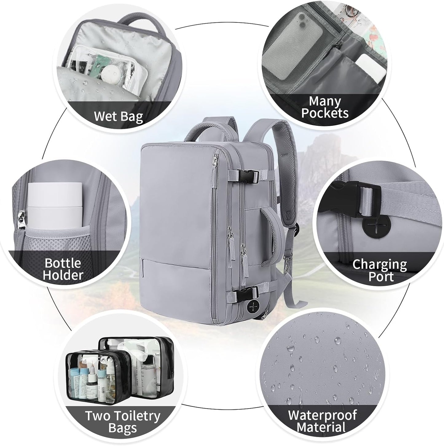 Hanples Extra Large Travel Backpack for Women as Person Item Flight Approved, 40L Carry On Backpack, 17 Inch Laptop Backpack, Waterproof Backpack, Hiking Backpack, Casual Bag (Gray)