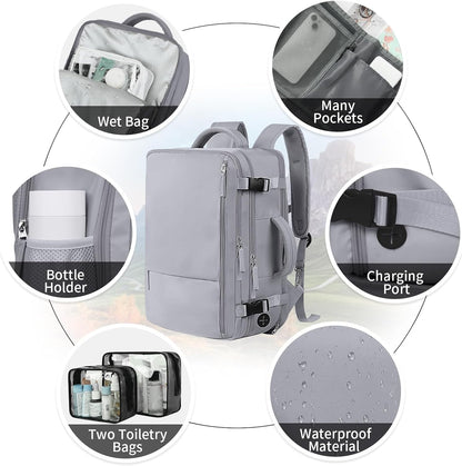 Hanples Extra Large Travel Backpack for Women as Person Item Flight Approved, 40L Carry On Backpack, 17 Inch Laptop Backpack, Waterproof Backpack, Hiking Backpack, Casual Bag (Gray)