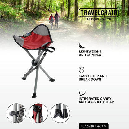 Travel Chair Slacker Tripod Chair for Camping, Lightweight Chair, Adjustable Carry Strap for Easy Transport | Oversized Duck Feet for Improved Stability | Perfect for Outdoor Adventures (Red)