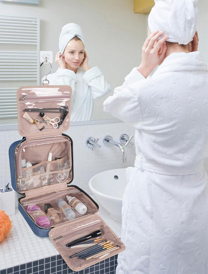 Blue Toiletry Bag, Makeup Organizer, Travel Bag For Women Mens Toiletries, Waterproof with Hanging Hook, Large Capacity