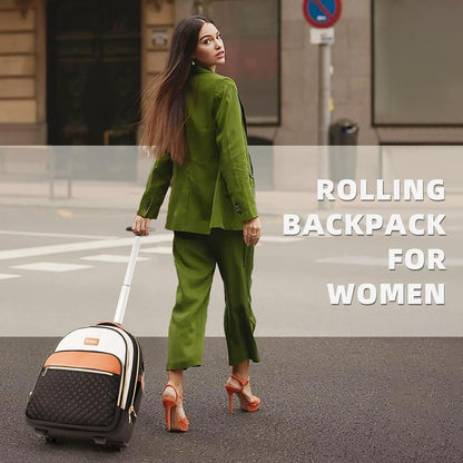 Small Rolling Backpack for Women, Lightweight Travel Backpack with Wheels, Roller Backpacks for Adults, Water Resistant Rolling Laptop Bag, Wheeled Underseat Carry On Luggage, Beige Brown