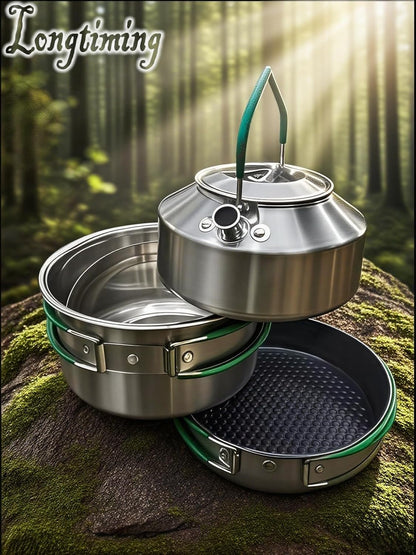 Stainless Steel Camping Cookware, durable, easy to clean, and quick to heat up. Compact camping cookware set, perfect for family picnics, camping, backpacking, hiking.