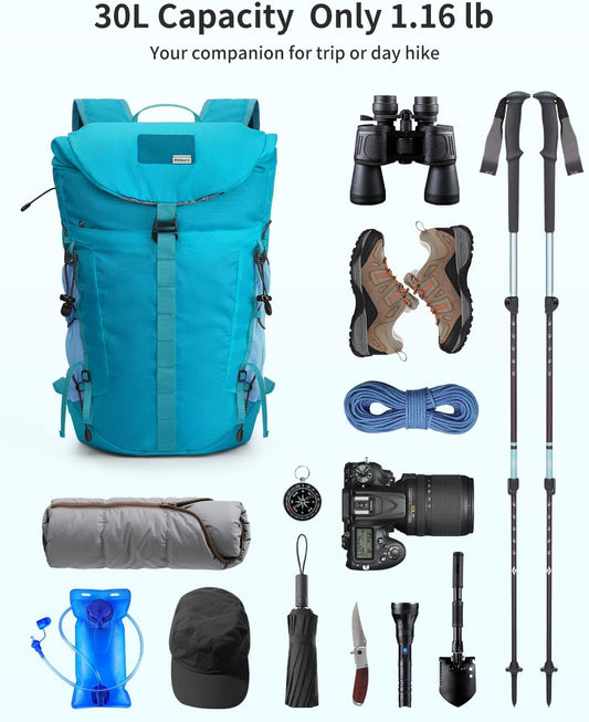 Blue Quartz Hiking Backpack 30L Lightweight Packable Backpack for Travel, Water Resistant Foldable Daypack for WoMen Men, Blue Green