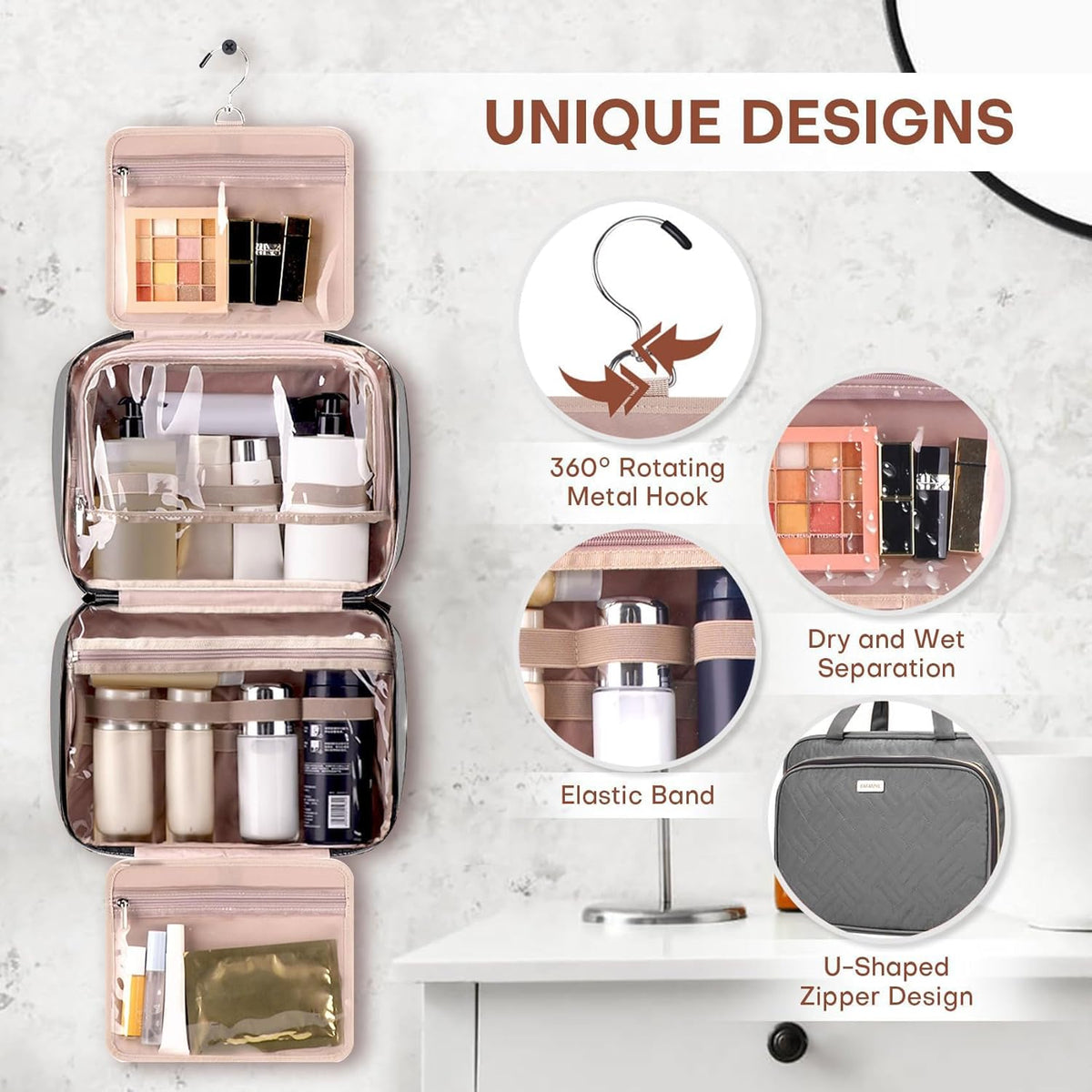 Toiletry Bag for Women with Jewelry Organizer Compartment, Jewelry Boxes for Gifts, Travel Makeup Cosmetic Bag with Hanging Hook for Full-sized Toiletries, Shampoo - Grey, Gifts for Women