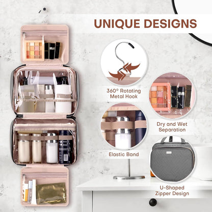 Toiletry Bag for Women with Jewelry Organizer Compartment, Jewelry Boxes for Gifts, Travel Makeup Cosmetic Bag with Hanging Hook for Full-sized Toiletries, Shampoo - Grey, Gifts for Women
