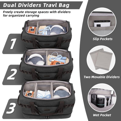 ZOMFELT Travel Duffle Bag for Men, Waterproof Canvas Overnight Duffel Bag with Removable Dividers & Shoe Compartment, Carry On Weekender Gym bag, Multi-Pocket & Vintage Design (Washed Black)