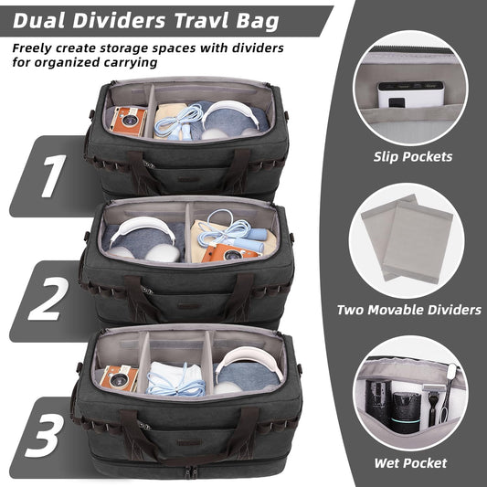 ZOMFELT Travel Duffle Bag for Men, Waterproof Canvas Overnight Duffel Bag with Removable Dividers & Shoe Compartment, Carry On Weekender Gym bag, Multi-Pocket & Vintage Design (Washed Black)